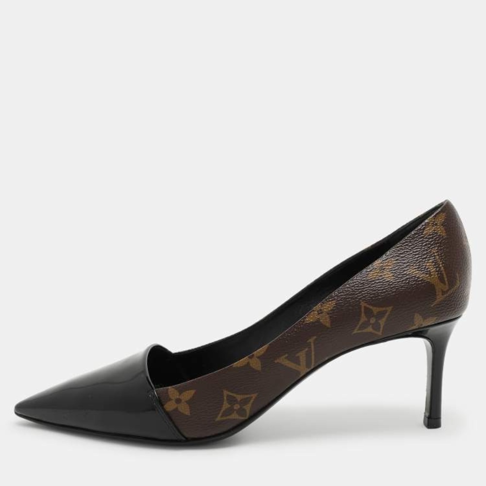 LOUIS VUITTON Brown LV Monogram Canvas Black Patent Leather Pointed-Toe Pumps 40 - Picture 5 of 11